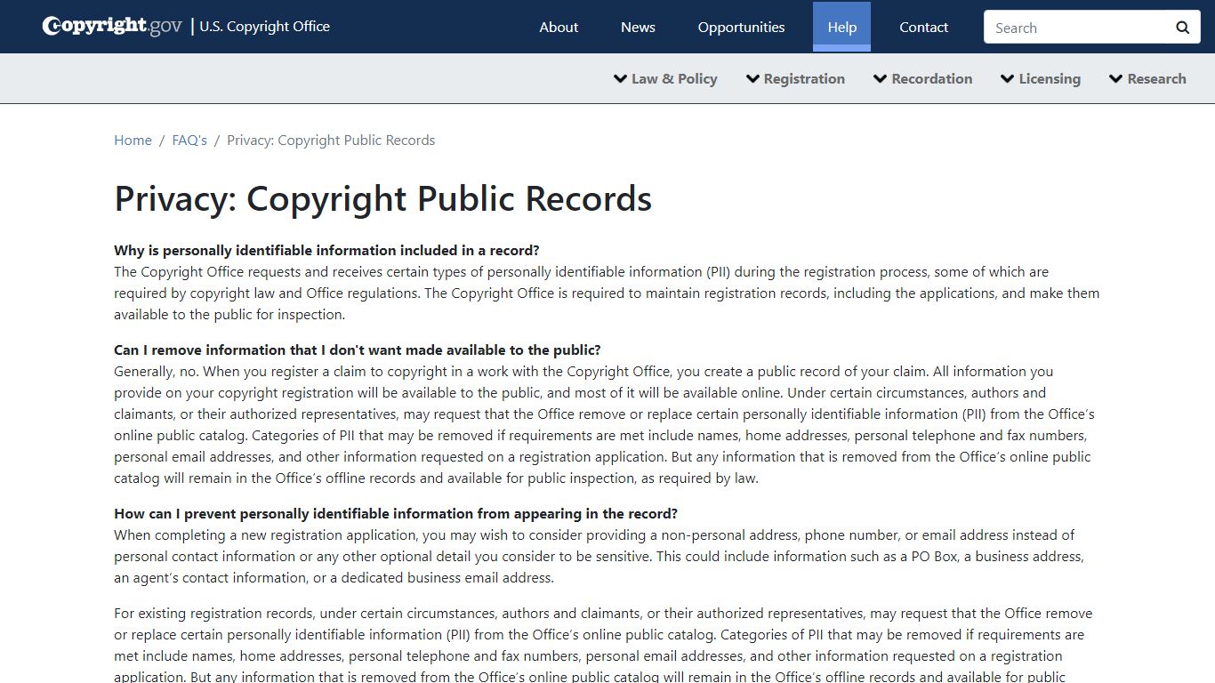 Privacy: Copyright Public Records (FAQ) | U.S. Copyright Office