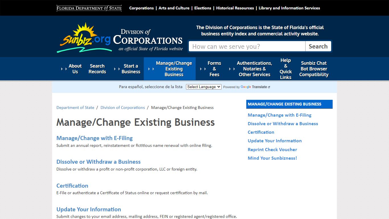 Manage/Change Existing Business - Division of Corporations - Florida